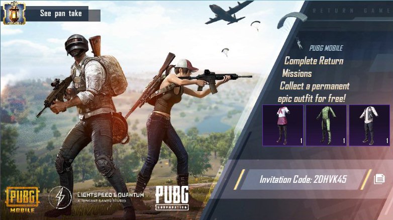 Yuda9999999's tweet photo. Complete PUBG MOBILE Return Missions! Collect a permanent epic outfit for free! My invitation code: 2DHVK45 https://t.co/yqG4SQwjT8 https://t.co/TkdgSOUigc