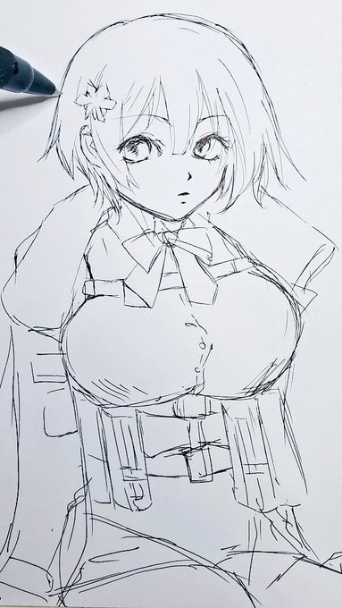 最近やってる寝る前の一発描きチャレンジな落書きも、いつかスマホでだけどペン入れして軽く色塗りしたいなぁ。
 #ドルフロ 