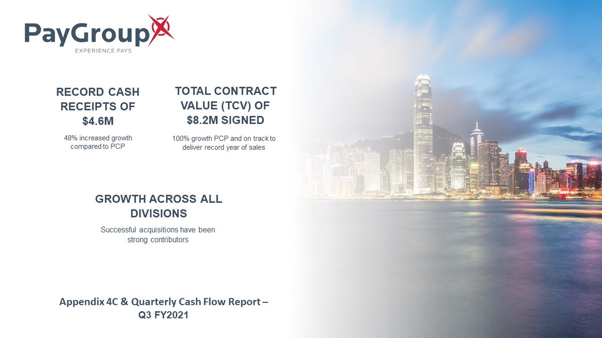 paygroupltd's tweet photo. $PYG announces its #Appendix4C for FY21 Q3 w/ the company revealing its record cash receipts of $4.6M achieved throughout the qtr. See more here – https://t.co/h0V5Z4Lcjk
#HCM #Payroll #ausbiz #ASX $PYG.AX https://t.co/jjbaRCyVaT