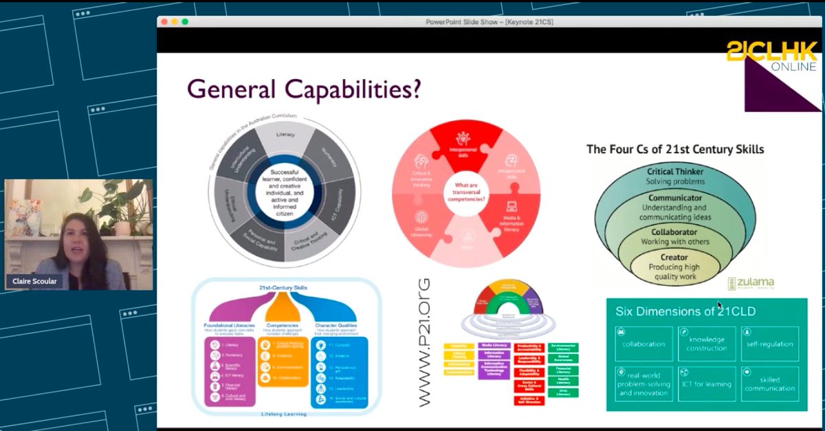 21cli's tweet photo. Our keynote speaker Dr @ClaireScoular sharing about research on #21stcenturyskills (named #generalabilities in Australia).
#21CLHKOnline https://t.co/rqI5Wg8ry6