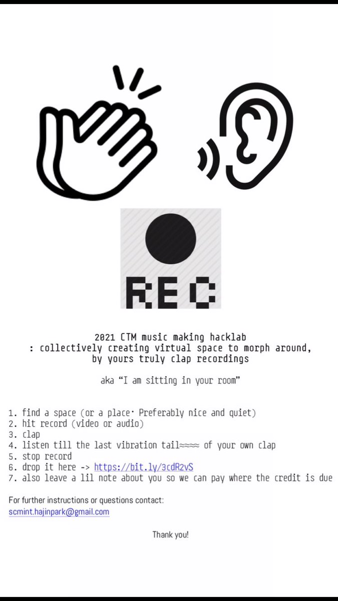 SCMint's tweet photo. For 2021 @CTMFestival music making hacklab
we’re collectively creating virtual space to morph around, by yours truly clap recordings

Upload your clap recording here and leave a little note -> https://t.co/uer1h6Hfdg

Score attached below with instructions! https://t.co/X9RZd6Zo4q