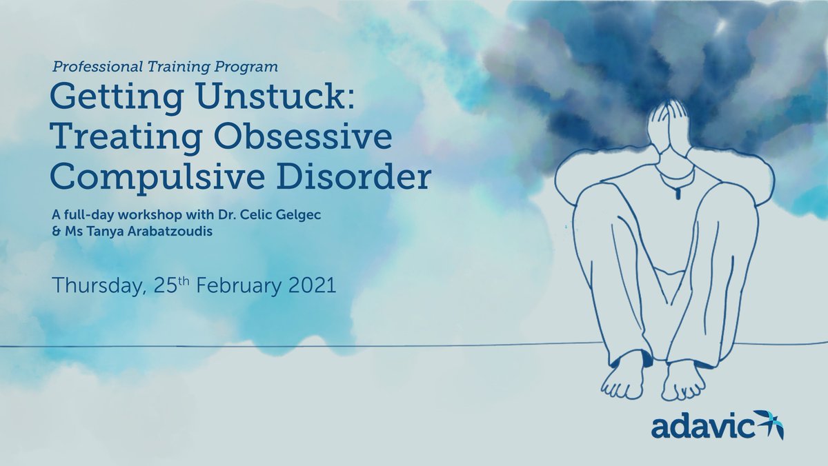 Getting Unstuck: Treating Obsessive Compulsive Disorder Professional Training Program
When: 25/2/2021
Time: 10am–4.00pm
Online via Zoom
Cost: $150
Bookings: Getting unstuck: Treating Obsessive Compulsive Disorder | TryBooking Australia
OR email us adavic@adavic.org.au

#OCD