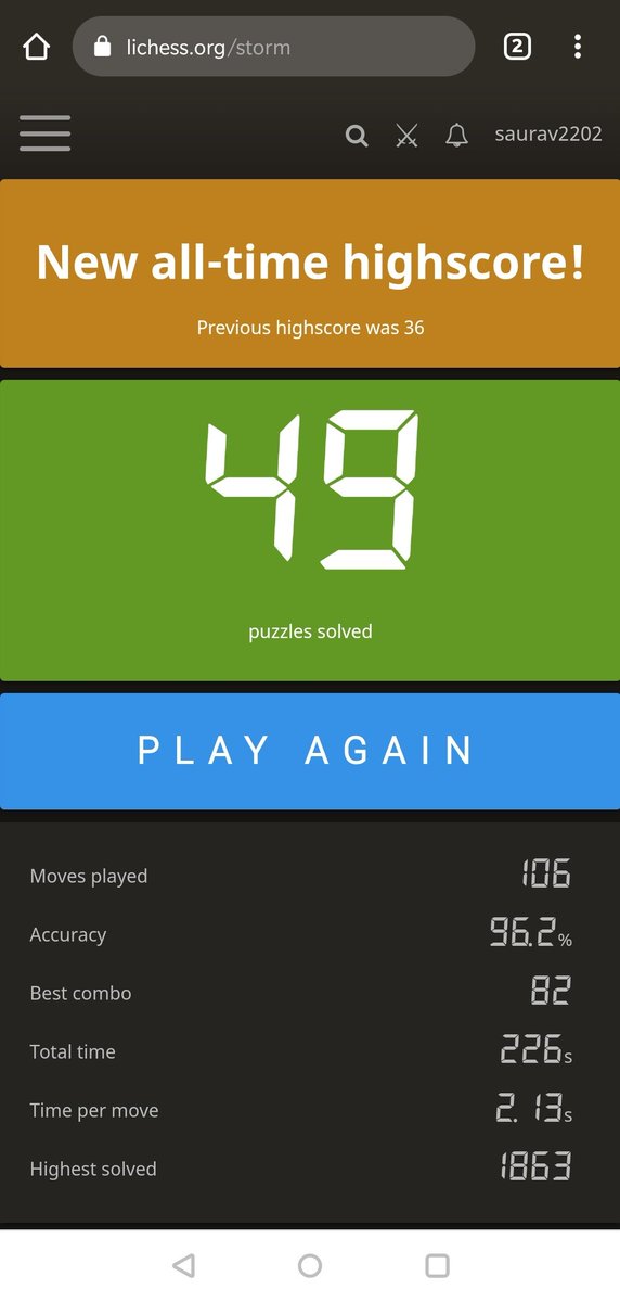 saurav2202's tweet image. Tried this new Feature on Lichess called Puzzle Storm. Kind of similar to  chessdotcom&apos;s Puzzle Rush with a few modifications in some increment time. 
#chess #chessdotcom #lichess #puzzlestorm #puzzlerush