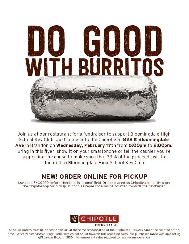 KeyBshs's tweet image. Join us for the Bloomingdale High School Key Club Spirit Night at Chipotle! The spirit night will take place on Wednesday, February 17th from 5-9pm. We hope to see you there!