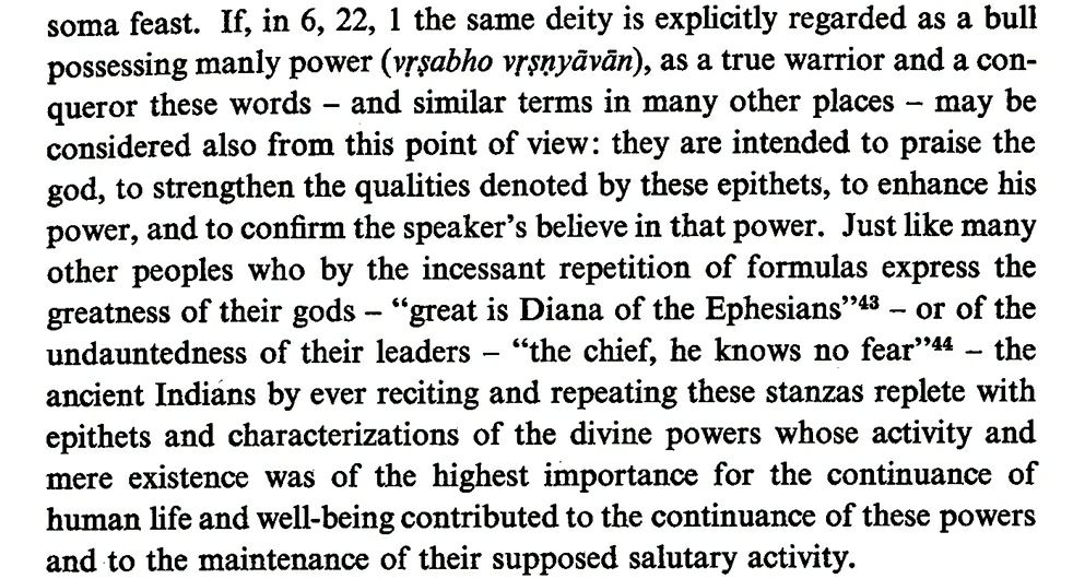 Epithets need not manifest in synchronous actualization per se, but rather serve to laud the greatness of the their gods (vṛṣabho vṛṣṇyāvān bull w/manly power). Ancient H whose stanzas were replete w/such epithets thus demonstrated the vitality in continuity of the deities