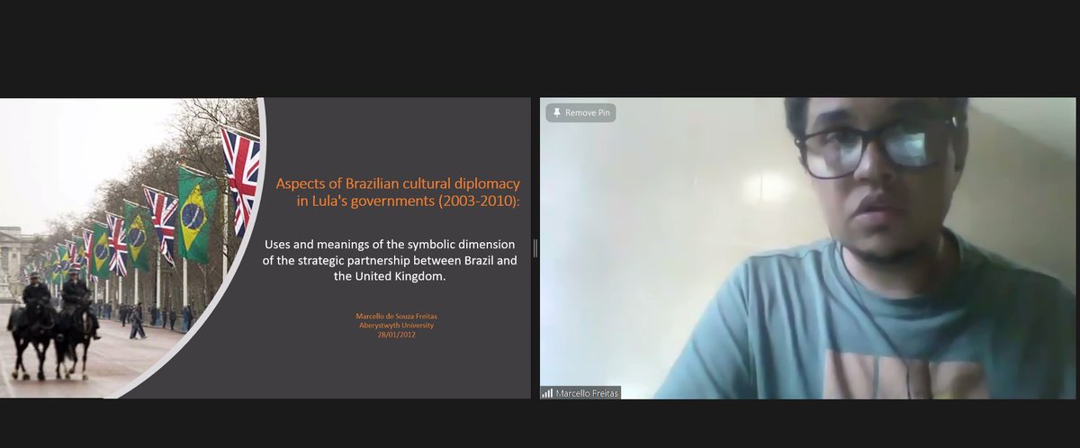 SwanseaUni_LTI's tweet photo. Now Marcelo de Souza Freitas @nocomplai from @InterpolAber on “Aspects of Brazilian cultural diplomacy in Lula’s governments (2003-2010): uses and meanings of the symbolic dimension of the strategic partnership between #Brazil and the UK” #PGR #CEPSAMConf #LatinAmerica @COAHPGR https://t.co/IMJJqIrQL2
