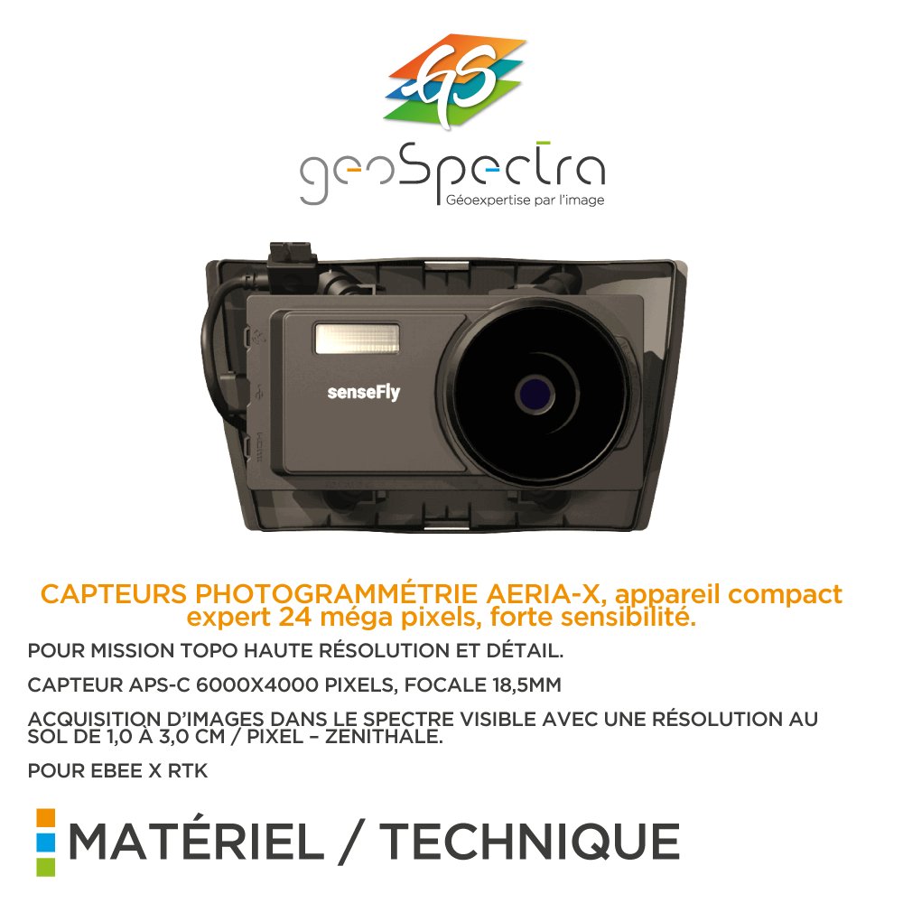 Et si on parlait un peu MATERIEL &amp; TECHNIQUE ? 😃 

Capteurs photogrammétrie AERIA-X, appareil compact expert 24 méga pixels, forte sensibilité.

 #geoexpertise #topographie #photogrammetrie #drone #bathymetrie #sensefly #pix4D #photogrammetry #trimblegeospatial