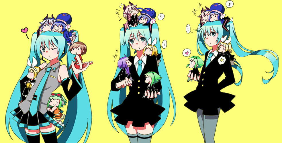 初音ミク「ミクと愉快なボカロの皆さん
#初音ミク #鏡音リン #GUMI
#音街ウナ #ヒ」|浅井麻◆本垢移動しましたのイラスト