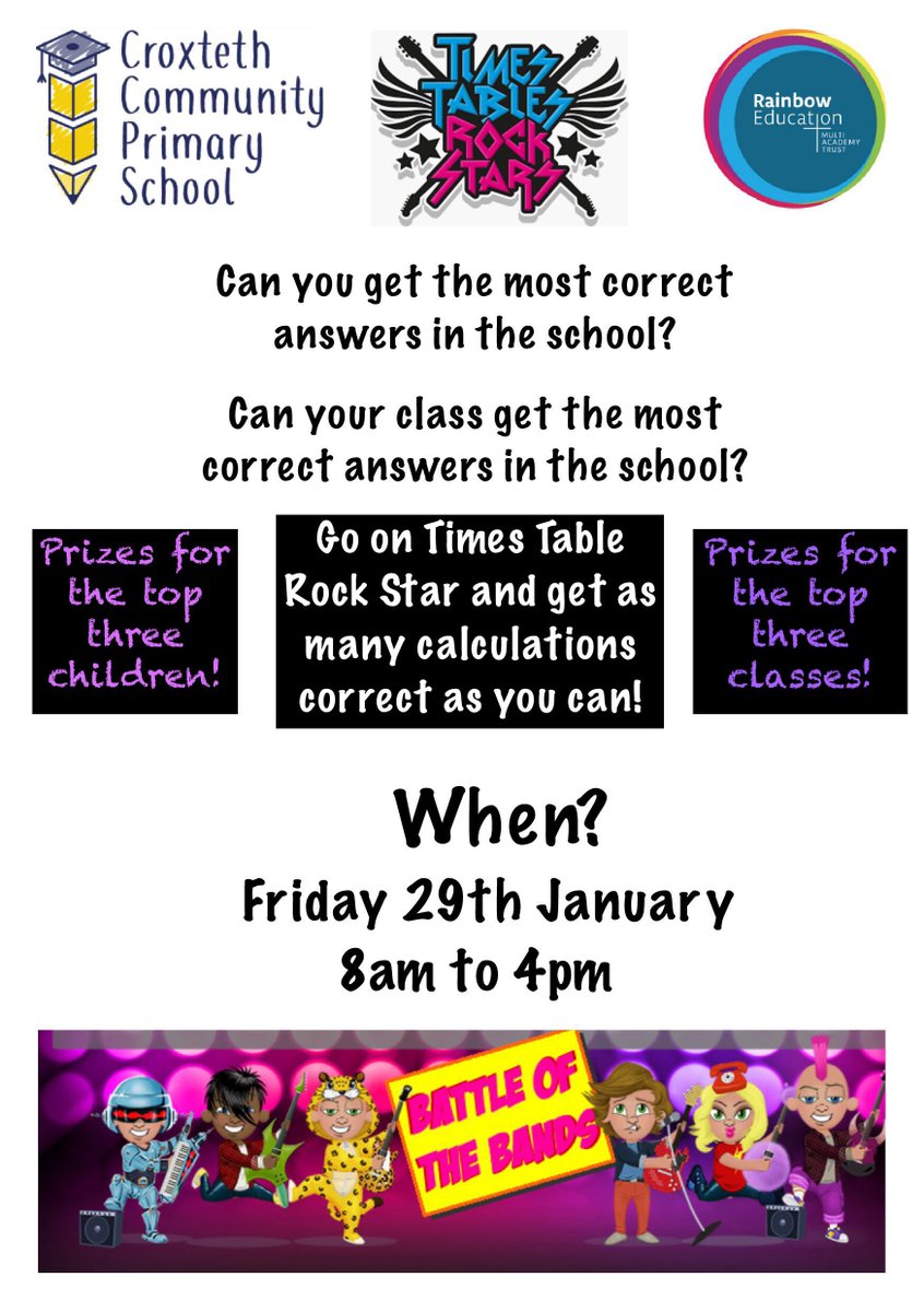 Battle of the Bands starts tomorrow! Will your class have the highest amount of coins? <a href="/TTRockStars/">Times Tables Rock Stars</a>