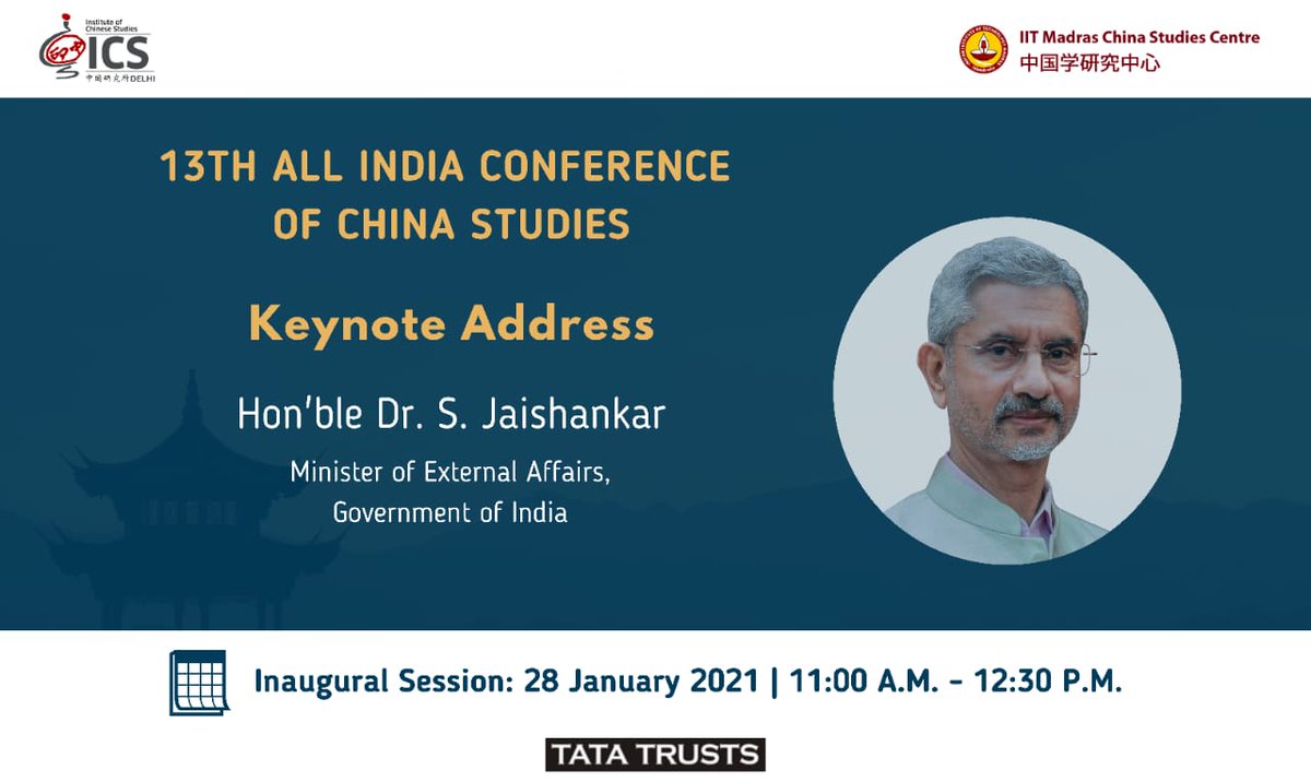 Key Highlights of today's Keynote Address by Hon'ble  @DrSJaishankar at Inaugural Session of 13th All India Conference of China Studies( #13AICCS). At outset, EAM expressed his appreciation to  @ics_delhi &  @csc_iitm for organising Conference & wished a productive discussion ahead