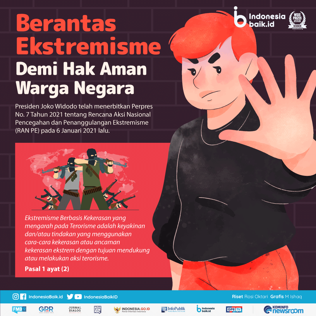 IndonesiaBaikId's tweet photo. Hai SohIB! Pemerintah telah menerbitkan Perpres No 7 Tahun 2021 tentang Rencana Aksi Nasional Pencegahan dan Penanggulangan #Ekstremisme. Apa sih tujuan #RANPE ini?

#IndonesiaBaik #YangMudaSukaData #ProgramPemerintah #Infografis #Terorisme @BNPTRI https://t.co/0O9jdX2i5L