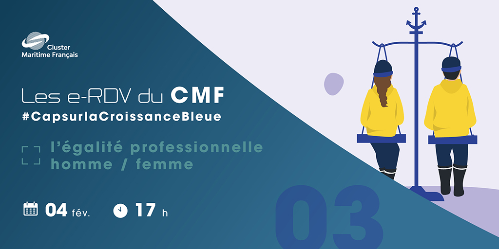 3e e-RDV <a href="/ClusterMaritime/">Cluster Maritime Français</a> sur l'#égalité pro homme/femme dans la filière #maritime, jeudi 4 fév à 17h, avec <a href="/FranceOMI/">France OMI</a>, <a href="/cmacgm/">CMA CGM Group</a>, <a href="/ChantiersA/">Chantiers de l'Atlantique</a>, GPM Marseille-Fos, DAM <a href="/MerGouv/">Mer et Pêche</a>, <a href="/Afpa_Formation/">Afpa</a>.  
Réservé aux membres. En savoir + auprès de MN Tiné-Dyèvre: mn.tine@cluster-maritime.fr