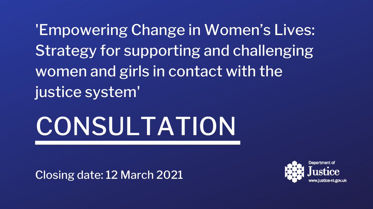 📝 The public consultation 'Empowering Change in Women's Lives: Strategy for supporting and challenging women &amp; girls in contact with the justice system' is live

If you would like to take part ⬇️

💻 bit.ly/WomenandGirlsS…
🗓 Closing date 12 March '21 

<a href="/NIPrisons/">NI Prison Service</a> | <a href="/PBNINews/">Probation Board for Northern Ireland</a>