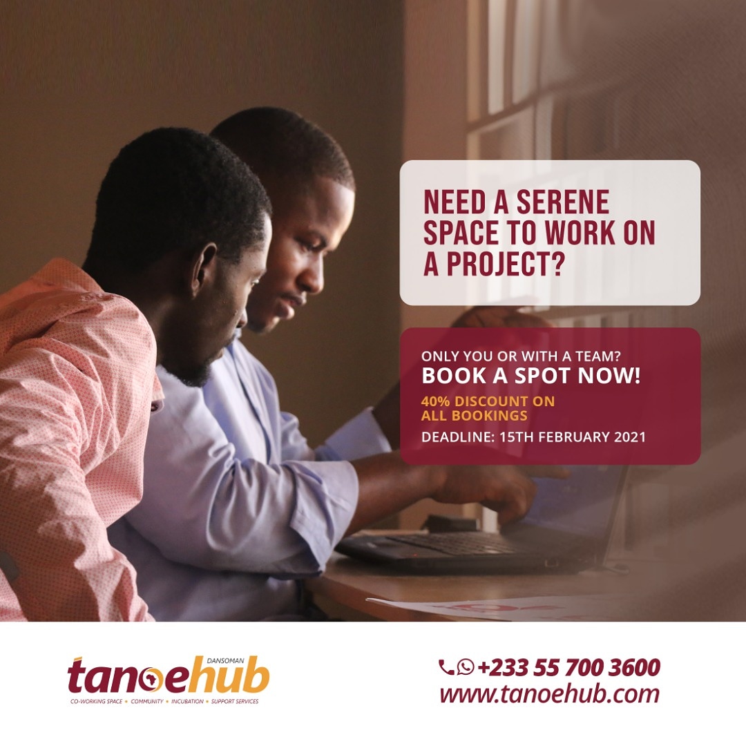 TANOEHub's tweet photo. Our prime care is for entrepreneurs and startups to grow with their business at a lower fixed operating cost .We are  giving out 40% discount on all our bookings till-15th February 2021.
.
#tanoehub #discount #dansoman #growthmindset https://t.co/4j40qBTCxH
