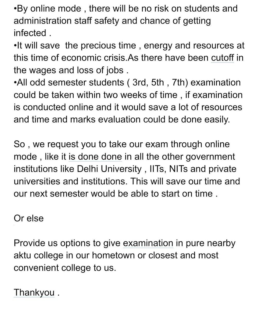 shashwatpatelj1's tweet image. This is not fair if you conduct your classes in online mode and exam in offline mode . 
If Classes held in online then exam should also be in online mode.
#aktuOnlineExam 
#NoOfflineExam 
@myogiadityanath 
@anubha1812