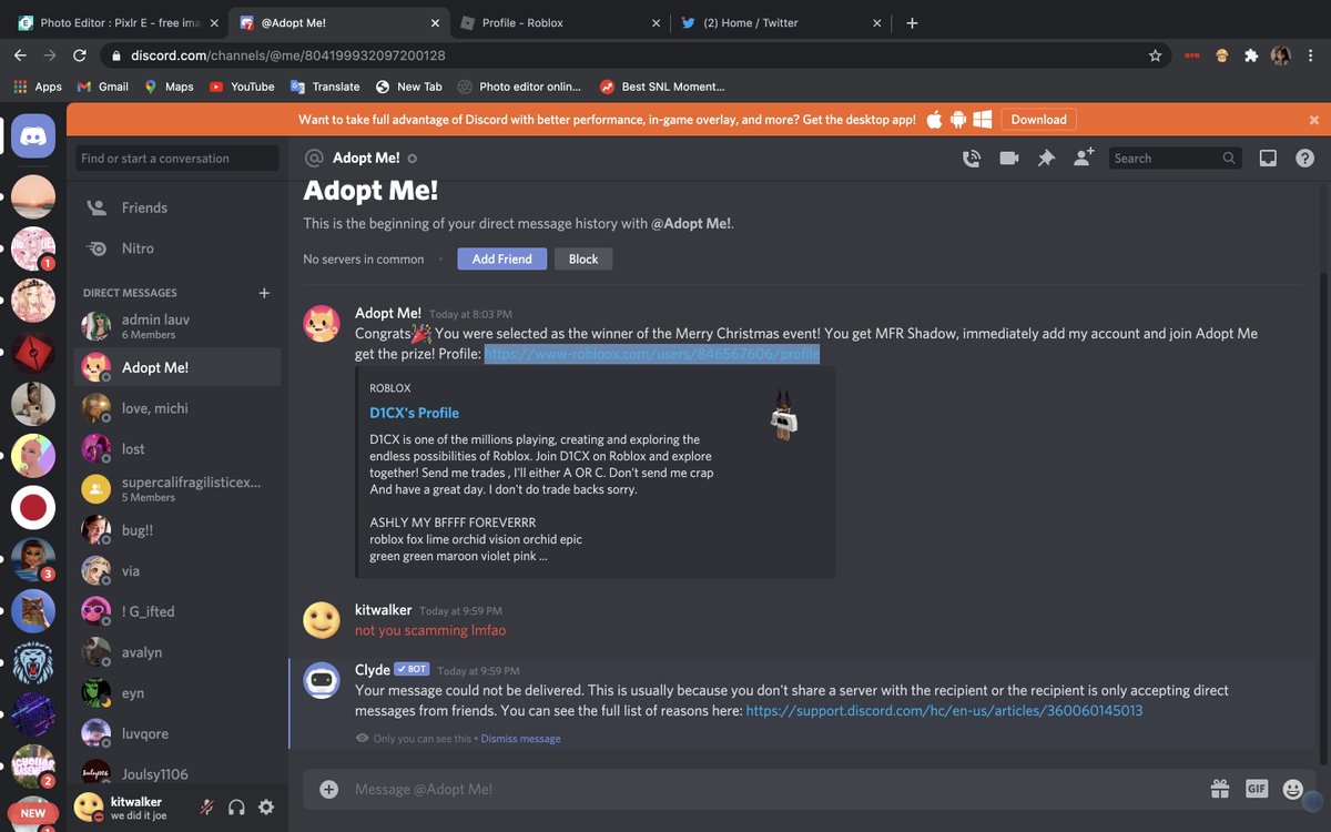 marlo_stahl's tweet photo. @KonekoKittenYT
 there is a new scam bot.. they message you as "Adopt Me" on discord and lead you to https://t.co/txn71AnbV0 which you think is Roblox. It makes you log in, and steals your account. https://t.co/4CmVcIubbs