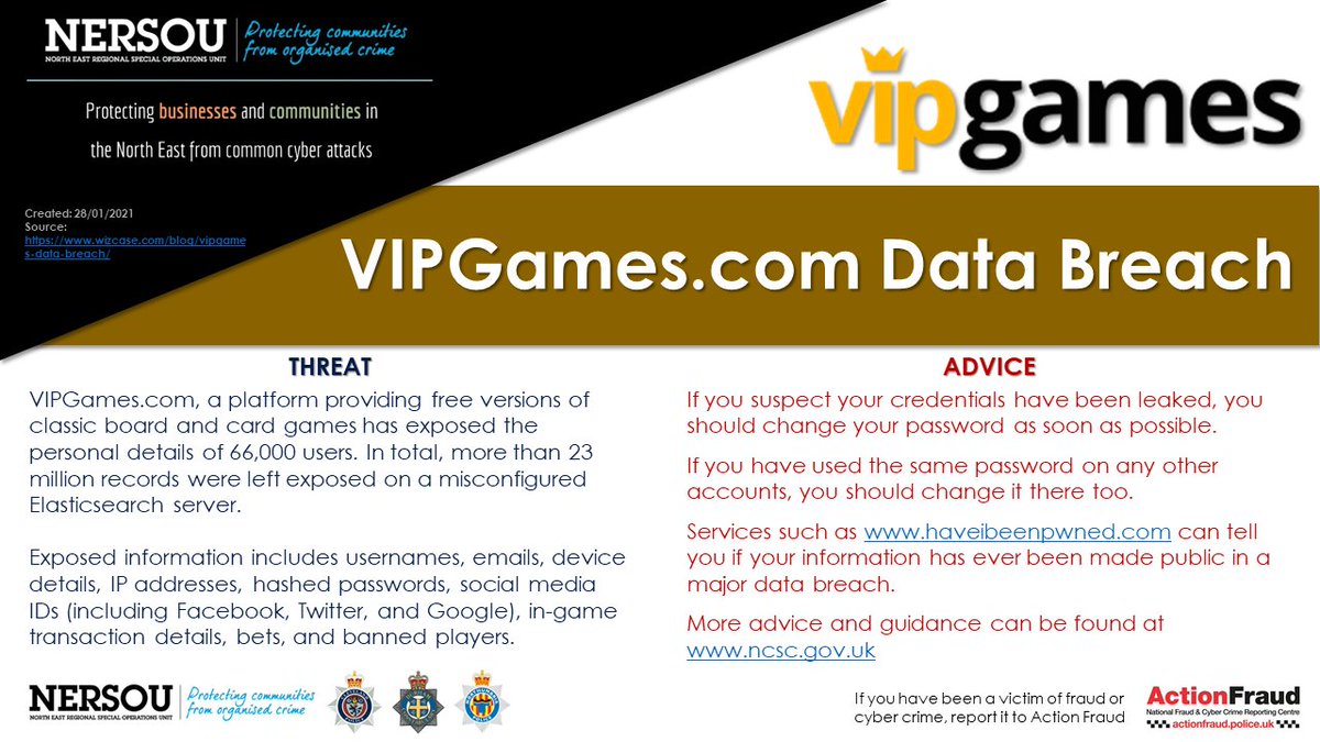 NorthEastROCU's tweet photo. https://t.co/KYrJJrFxwN, a platform providing free versions of classic board and card games has exposed the personal details of 66,000 users.

#cyberprotect #cybersecurity #databreach #infosec #technews #vipgames #exposed #personal https://t.co/W1gDO7aIIP