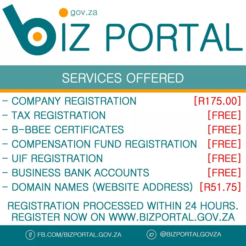 Company registration costs R175. All applications submitted via BizPortal are processed within 24 hours. Applications submitted over weekends are processed the next Monday. The following are common issues that result in delays...  https://bizportal.gov.za  [THREAD 1/5]