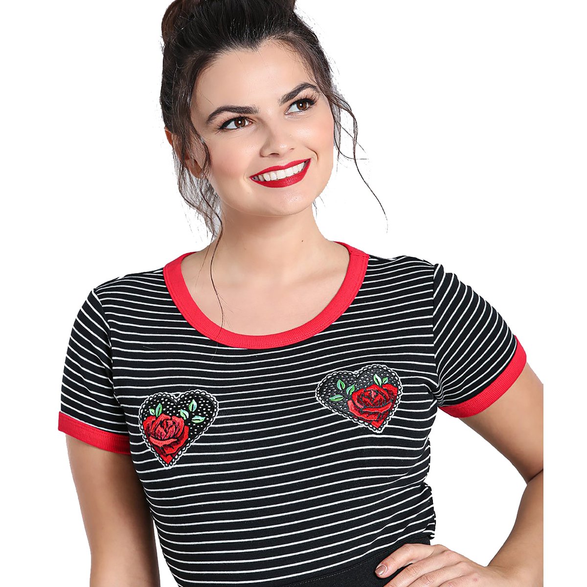 New in from Hell Bunny and just in time for Valentine's Day, is the striped Rose Heart top.  Available in black or ivory and featuring red rose heart motifs to front. : tigermilly.com/p_18742_hell-b…