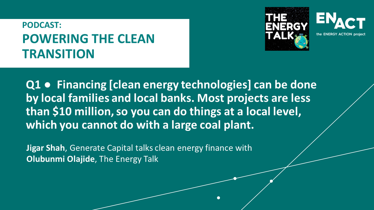 EnActNow's tweet photo. #Podcast day! Financing #cleanenergy means getting smaller pots of money behind local installations - but a lot more of both! What makes that easier and/or harder? Listen in to @JigarShahDC & @OluOlajide1 of @TheEnergyTalk. #energyfinance #EnChat #renewables https://t.co/MbIXSLhyRG