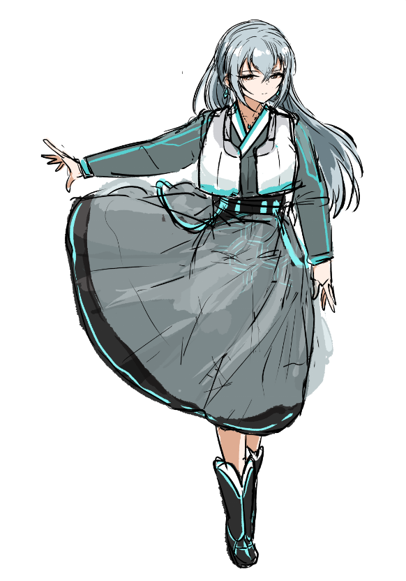 1girl solo white background long hair black footwear skirt grey hair  illustration images