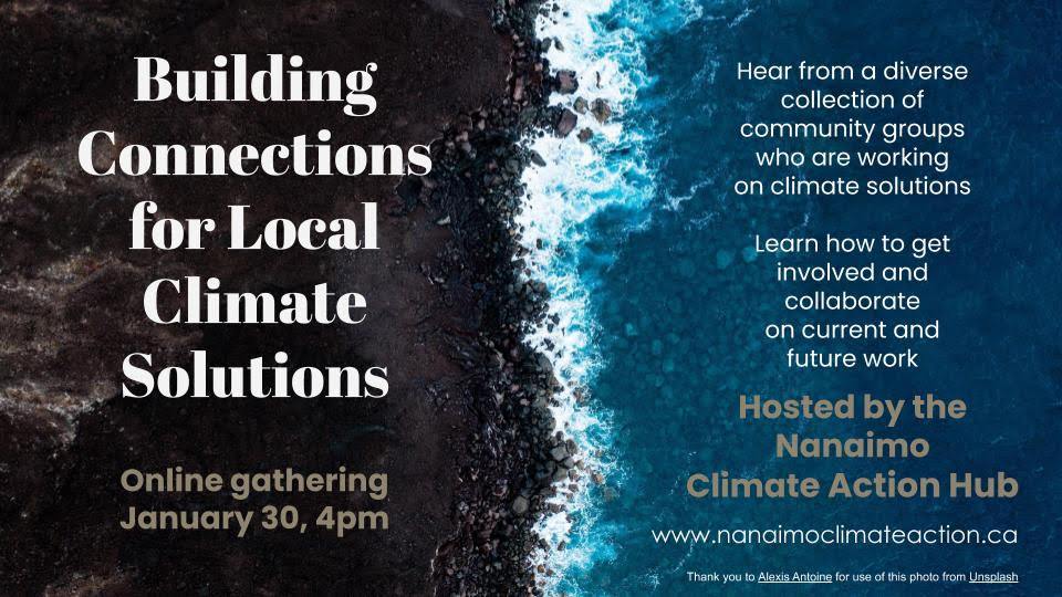 The Nanaimo Climate Action Hub is hosting an online gathering on January 30th at 4pm. Community groups in Nanaimo are presenting about their involvement in climate solutions. 
Register here: forms.gle/8WNSLBaajLhU2m…