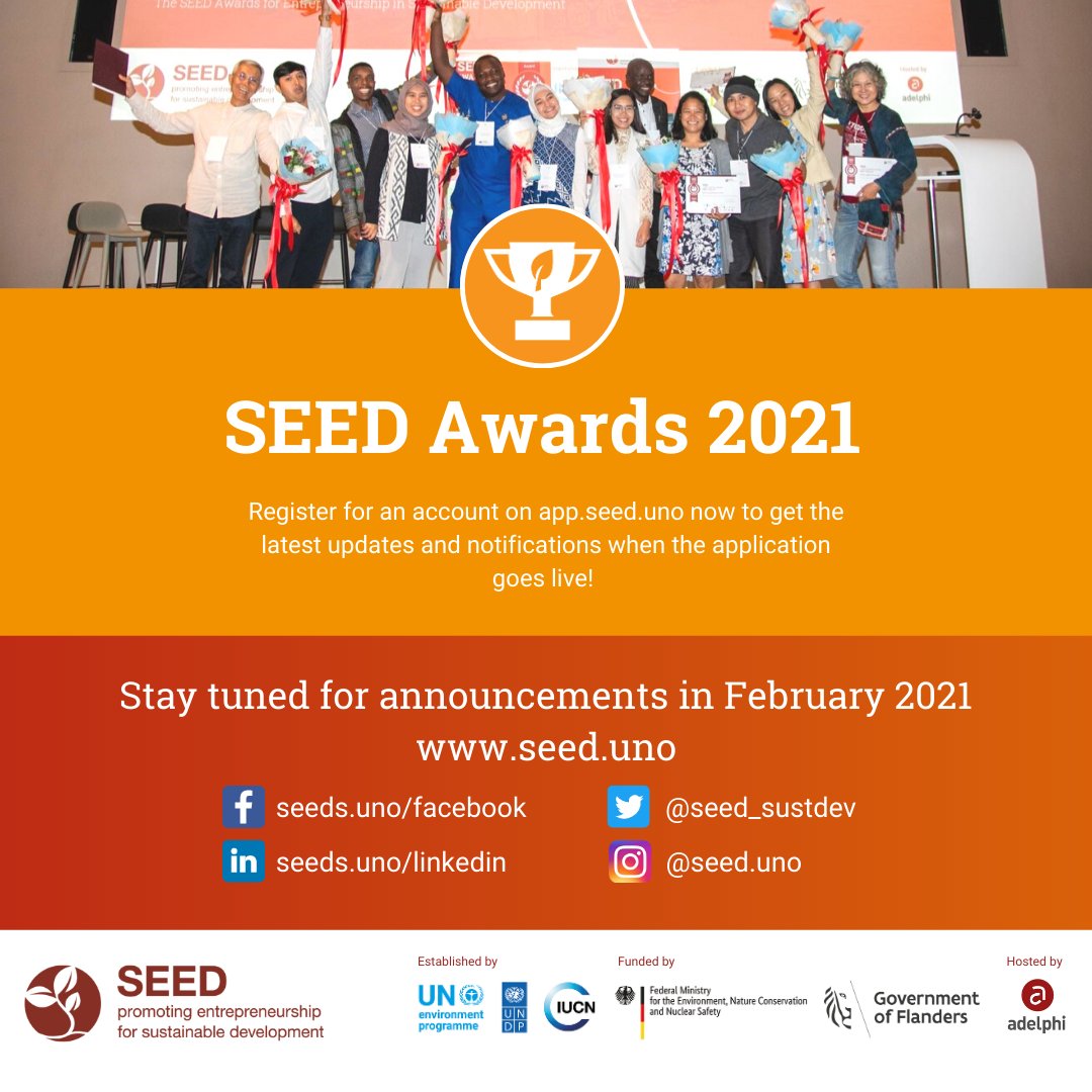 You don't want to miss it!  #SEEDAwards2021 🏆 will open for applications starting February 2021! 
🔔 Stay tuned for updates by registering for an account on app.seed.uno to get all the latest updates and notifications when the application goes live. 

@SEED_SustDev