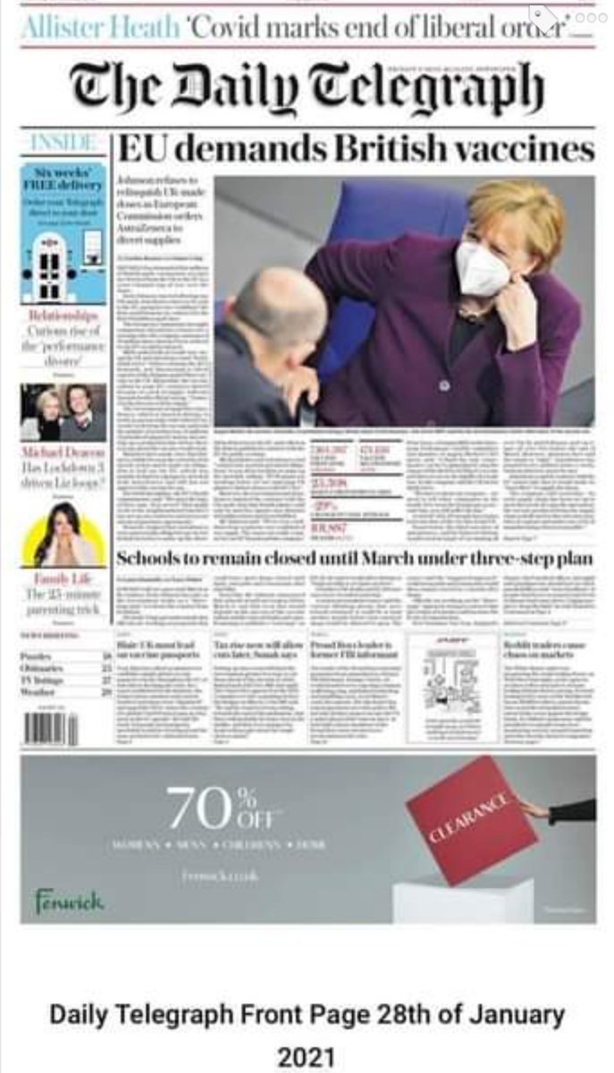 JJHTweets's tweet image. The absolute state of UK front pages today?  The EU paid £298,000,000 up front, back in August last year to help the UK build manufacturing capacity to make this vaccine in Britain.

And THIS is how we repay them?  Anger doesn't cover it!