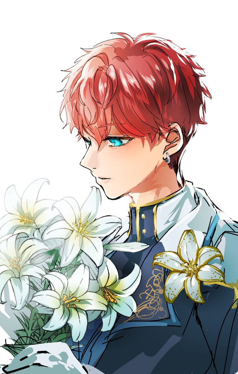 1boy flower male focus red hair solo earrings jewelry  illustration images