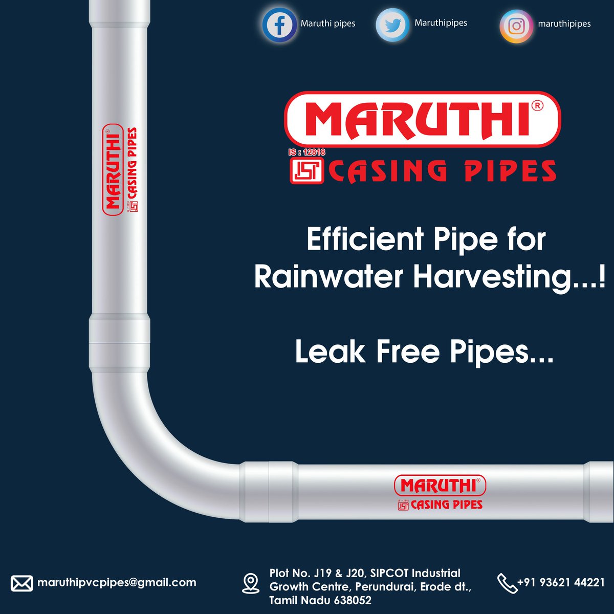 contact us 📞 +(91) 93621 44221 
📧maruthipvcpipes@gmail.com
maruthipvcpipes.com

#covid_19 #covidpandemic #maruthipipes #sipcot #agriculture #casing #pipemanufacturer #landwater #tanjore #delta #plumbingpipes #casingpipes #potablepipes #borewellpipes #agriculturepipes