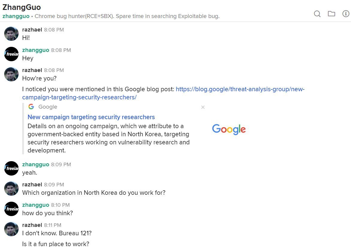 Given the open, real-time communication of the hackers on multiple platforms to folks like  @razhael, they are likely NOT based in the DPRK. CN, RU, Malaysia etcWorking abroad, there's 1) better internet access 2) can thwart IP-based attribution to DPRK https://www.nknews.org/2020/08/more-than-6000-hackers-are-working-for-north-korea-worldwide-report-says/