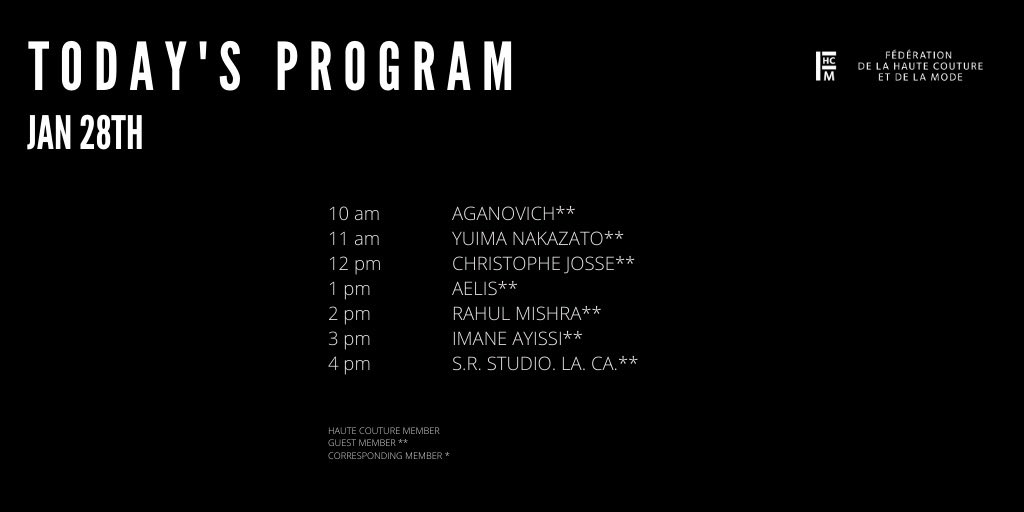 FHCM's tweet photo. Do not miss the last day of #hautecoutureweek ! Discover the creative shows of Aganovich, @YUIMANAKAZATO, @CJ_HauteCouture, Aelis, @RahulMishra_7, Imane Ayissi and S.R. Studio. LA. CA. ➡️ https://t.co/rvxTuYGDHz 
#hautecouture #art #savoirfaire https://t.co/WJlvm4QFqx