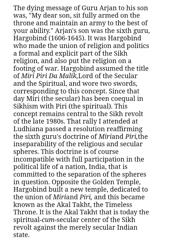 6th Guru 2 terms Miri & Piri, 10th Guru Gobind Singh is called as Miri Piri ka Malik, means he brought military & spirituality in Sικhism, he said God is sword & sword is God. Hence, Khαlιsταnιs chant Raj karega KhalsaHence these words are used by Khαlιsταnιs to justify violence