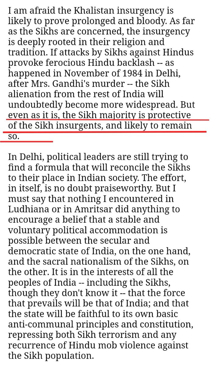 O'brien concludes saying insurgency is deep rooted in Sικh religion & tradition. If they continue to attack Hindus then they will face backlash across nation like faced in Delhi which will further alienate Sικhs from India. Indian gov is still looking at ways to keep them happy