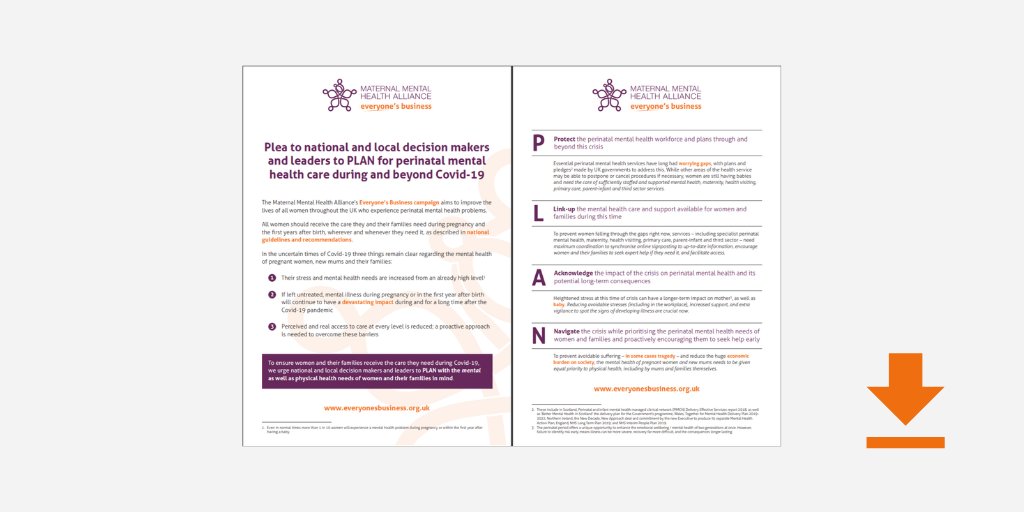 No matter what lockdown measures are in place, it is vital that new and expectant mums across the UK receive the #PerinatalMentalHealth care they need.

This means protecting existing services and urgently addressing gaps: bit.ly/2Di9LY6
#PleaToPLAN #EveryonesBusiness
