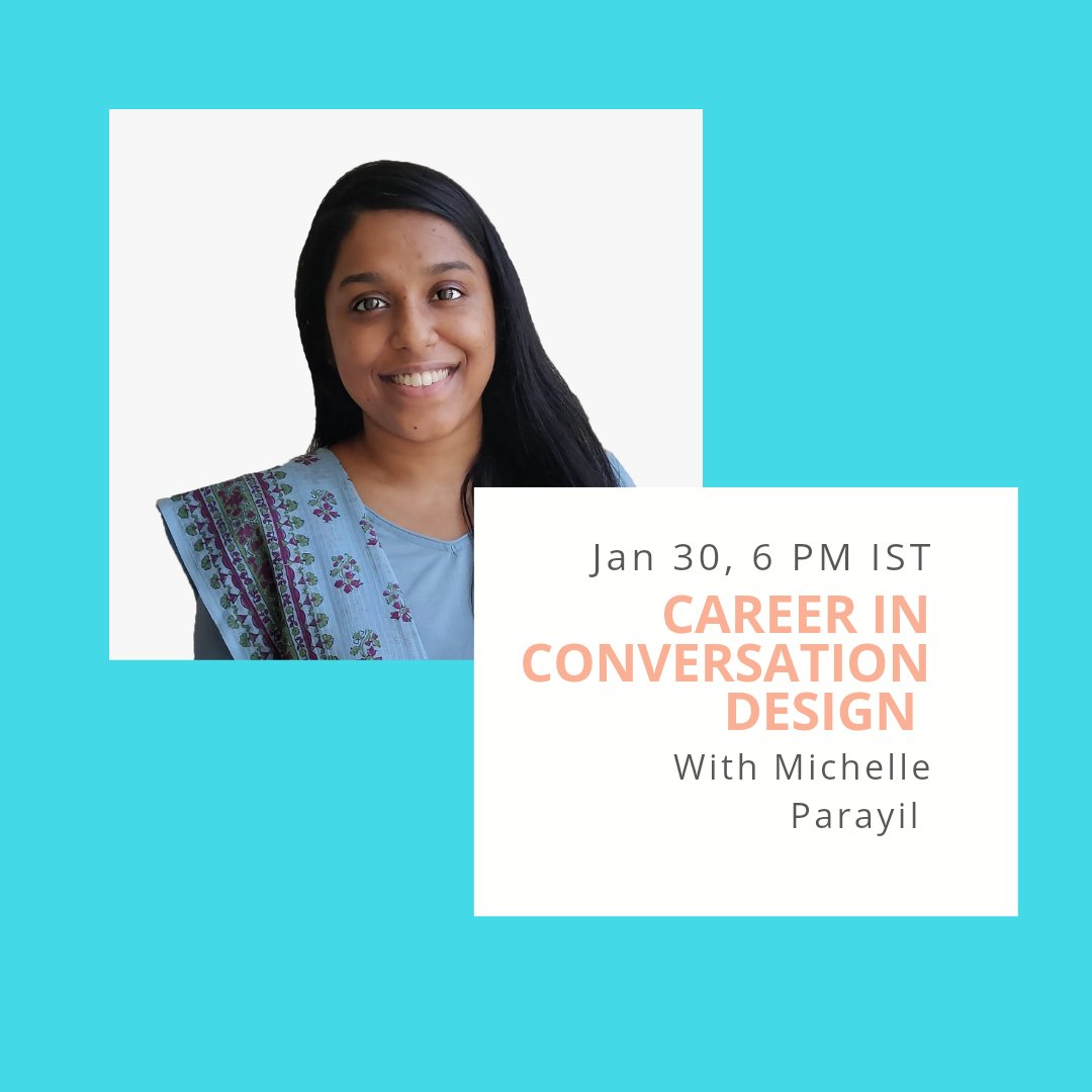 WiVIndia's tweet photo. We are happy to have @michelleparayil join us to answer all your questions on conversation design career and building your portfolio
Date: Jan 30, 2021
Time: 6 PM IST
Register now - https://t.co/ubKd1NPSii
#voicefirst #wivindia #womeninvoice #voicetech #freevoiceevents https://t.co/ZhGVUGJ5OD
