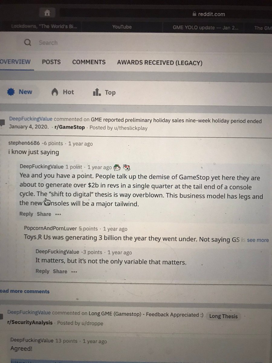 8/As of right now, hedge funds that bet against Game Stop have lost 5 BILLION DOLLARS. And the bloodbath isn't over. And this is where we get to the blue check industrial complex.[*Addendum* I'm informed reddit has had people argue game stop would rise for a year. See pic 2]