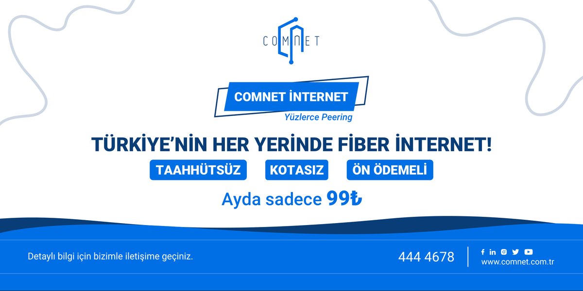 comnetdc's tweet photo. COMNET İNTERNET!
Türkiye’nin her yerinde fiber internet!
Taahhütsüz, Kotasız, Ön Ödemeli
Ayda sadece 99₺
#comnet #comnetinternet #internet #fiberinternet https://t.co/aF4eKS9a1q