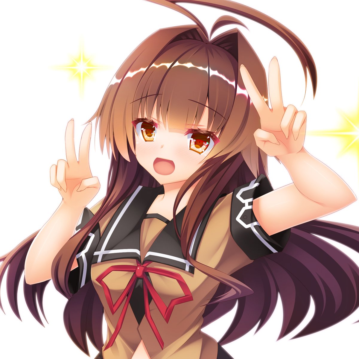 kuma (kancolle) 1girl solo long hair brown hair v school uniform huge ahoge  illustration images