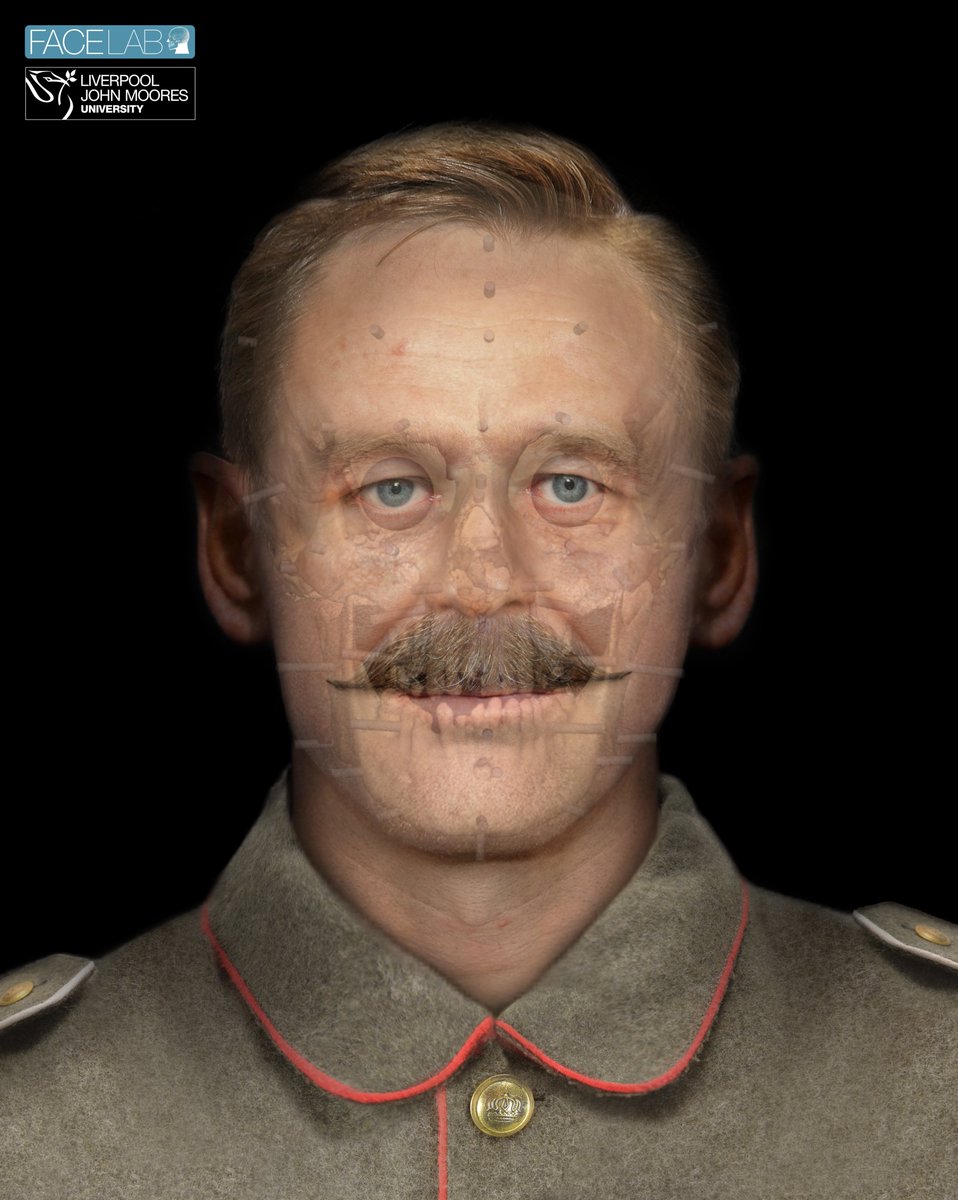 11) Excavations at Bullecourt have also yielded the remains of German soldiers - here of a man who was killed in 1917 and lay on a wire mesh frame. The skull was scanned by  @FaceLabLJMU to produce this wonderful likeness. A Prussian man. He too is reburied  #digideath