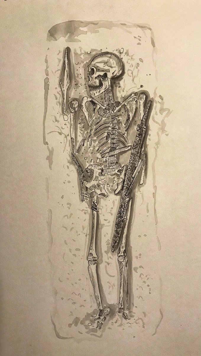 13) Back to Barrow Clump. Here is the official site drawing of an adult male with sword, spear, knife, pin and belt and the drawing I use to emphasise certain elements AND the chalk bedrock.  #digideath