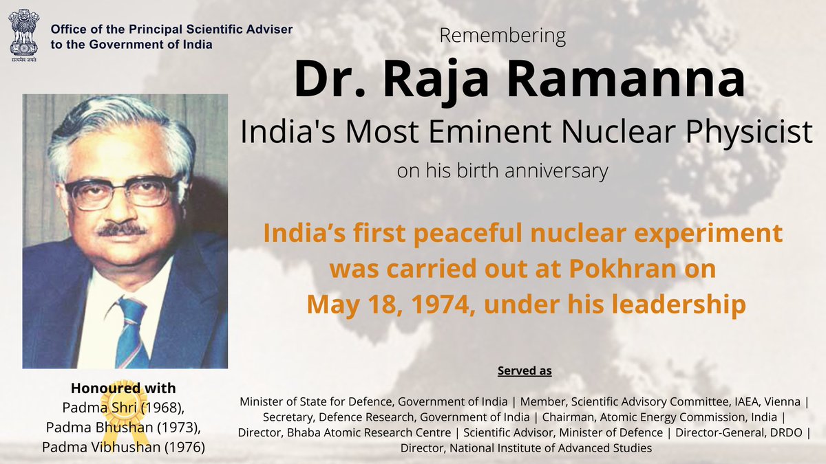 PrinSciAdvOff's tweet photo. Remembering one of the country's most prominent physicists Padma Vibhushan Dr. Raja Ramanna who was born on Jan 28, 1925.

He led the group which was responsible for the peaceful #nuclear explosion experiment at Pokharan (1974) aimed at exploiting atom for socio-economic uses https://t.co/041zMu6vYG