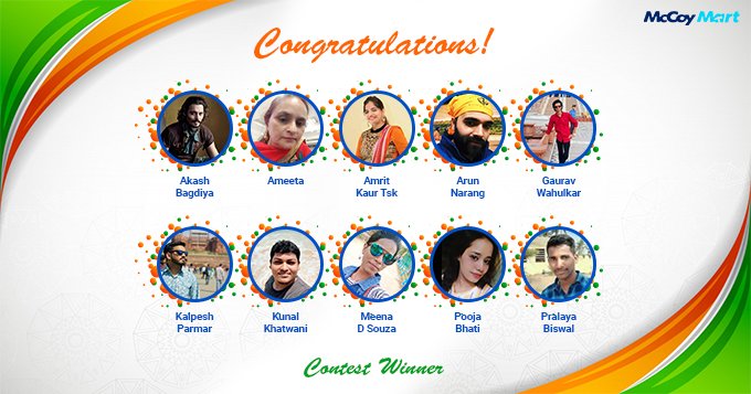 We are glad to announce 20 Lucky Coupon Code winners of Republic Day contest
Congratulations! 
Winners, please DM us your details 
#contestwinner #contestalert #contestwinner #McCoyMartContestwinners #WinnersAnnouncement