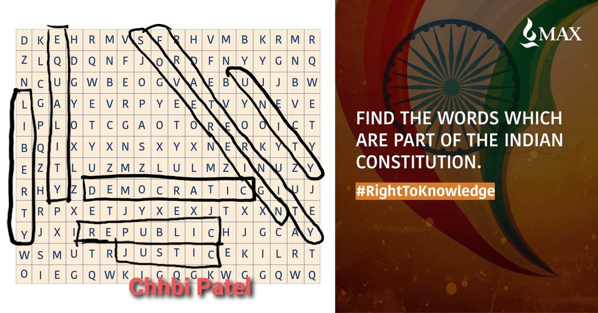 Chhbi777's tweet photo. @MaxGroup ☆ Unity
☆ Republic
☆ Equality
☆ Fraternity
☆ Democratic
☆ Sovereign
☆ Justice
☆ Liberty
@MaxGroup
#RightToKnowledge
#contestalertindia #republicday2021 #wordsearchpuzzle
Join
@ImChandana01 @MaisuriaChetan @Nitish_nix @Kirtiga79724708 @Sappy786 @VinodMNagwanshi https://t.co/KJ1hRh8T2y