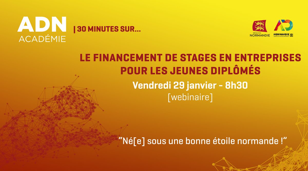 [#ADN_ACADÉMIE] - 🔔Vendredi 29 janvier à 8h30, l'
<a href="/ADNormandie/">AD Normandie</a> vous invite au webinaire sur le dispositif 
<a href="/RegionNormandie/">Région Normandie</a> « Financement de stages en #entreprises pour les jeunes #diplômés" avec le retour d'expérience de <a href="/familystorigin/">✨Storigin Consulting✨</a>
 👉us02web.zoom.us/webinar/regist…
