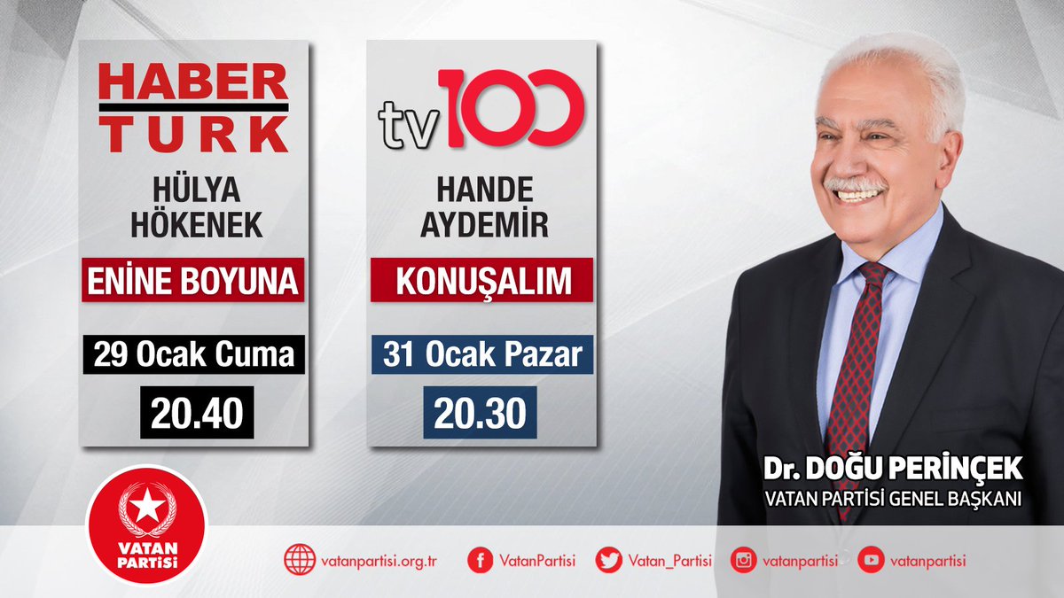 vatanmamak's tweet photo. Genel Başkanımız Dr. @Dogu_Perincek,

- 29 Ocak Cuma 20.40'ta Habertürk TV'de @hulyahokenek'in sunduğu #EnineBoyuna programına,

- 31 Ocak Pazar 20.30'da tv100'de @HandeAydemirTV'in sunduğu #Konuşalım programına konuk olacak. https://t.co/32doGGbxoA https://t.co/Rn4A5Dqvmg