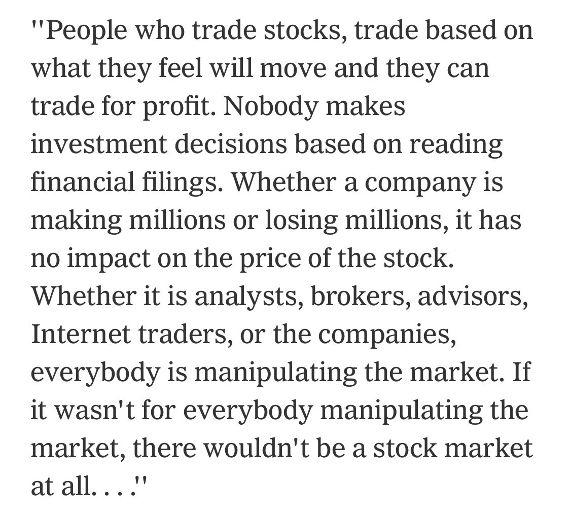 21 years ago, a New Jersey 15-year-old was prosecuted by SEC for stock manipulation after making $800k trading on stocks he promoted on Yahoo Finance forums before school

In light of Gamestop, this 2001 Michael Lewis story is a must-read nytimes.com/2001/02/25/mag…

Quote from teen: