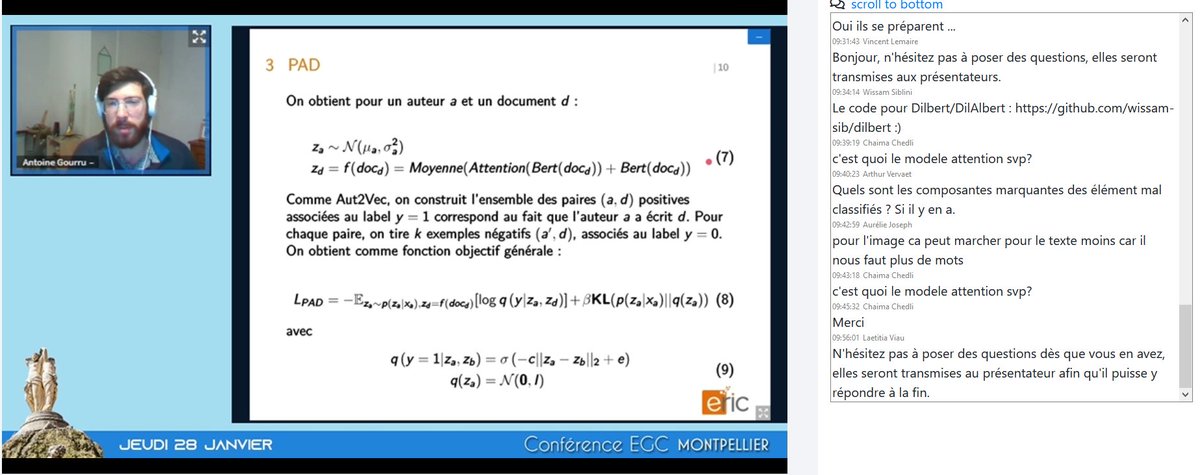 Venez assister aux présentations passionnantes (ici d'Antoine Gourru) sur les #DonnéesTextuelles sur live.egc2021.lirmm.fr/live.php #EGC2021 <a href="/associationEGC/">Association EGC</a>