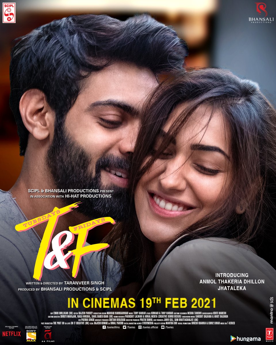 Two restless souls rekindle love! ! Save the date: 19th Feb 2021 Presenting the first look of #TuesdayAndFridays. See you in cinemas. #AnmolThakeriaDhillon @jhataleka @taranveer06 @Tseries @bhansali_produc #Scipl #HiHatProductions