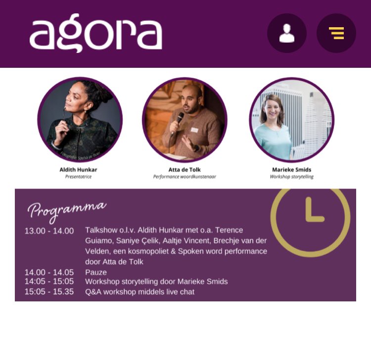 Het 7 jarig jubileum van <a href="/AgoraNetwork/">Agora Network</a> in <a href="/De_Zwijger/">Pakhuis de Zwijger</a> vanmiddag online met oa <a href="/aldith_hunkar/">Aldith Hunkar (Poca)</a>, <a href="/aaltjevincent/">Aaltje Vincent 👁</a>, <a href="/TerenceGuiamo/">Terence Guiamo he/him/his</a> en <a href="/AttadeTolk/">Atta de Tolk</a> 
Check bit.ly/3ikCjAb